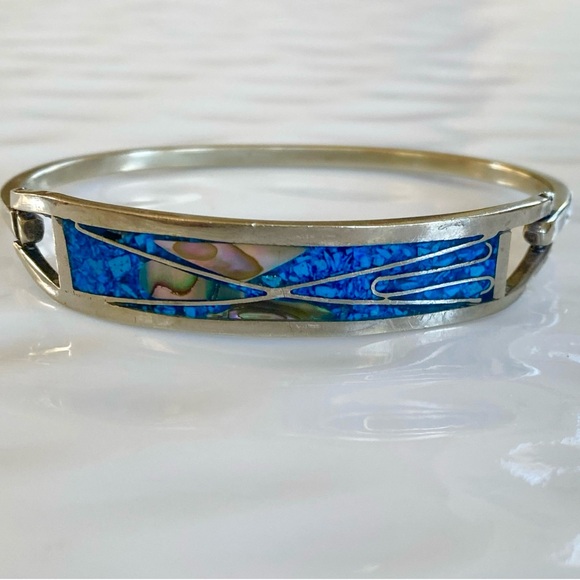 Vintage Silver and Turquoise and Abalone Women's bangle Bracelet - Picture 4 of 9